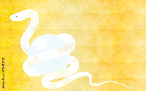2025年巳年の年賀状素材、宝珠を抱く蛇と金色の和風背景