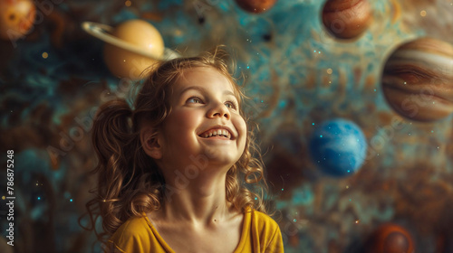 Planets are flying around the smiling girl in the room. Space system. Wonder of the Galaxy. The universe around the baby's head