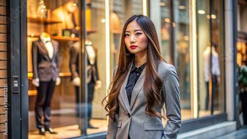 donna asiatica con capelli lunghi in giacca e cravatta e gonna con tacchi alti davanti a una vetrina photo