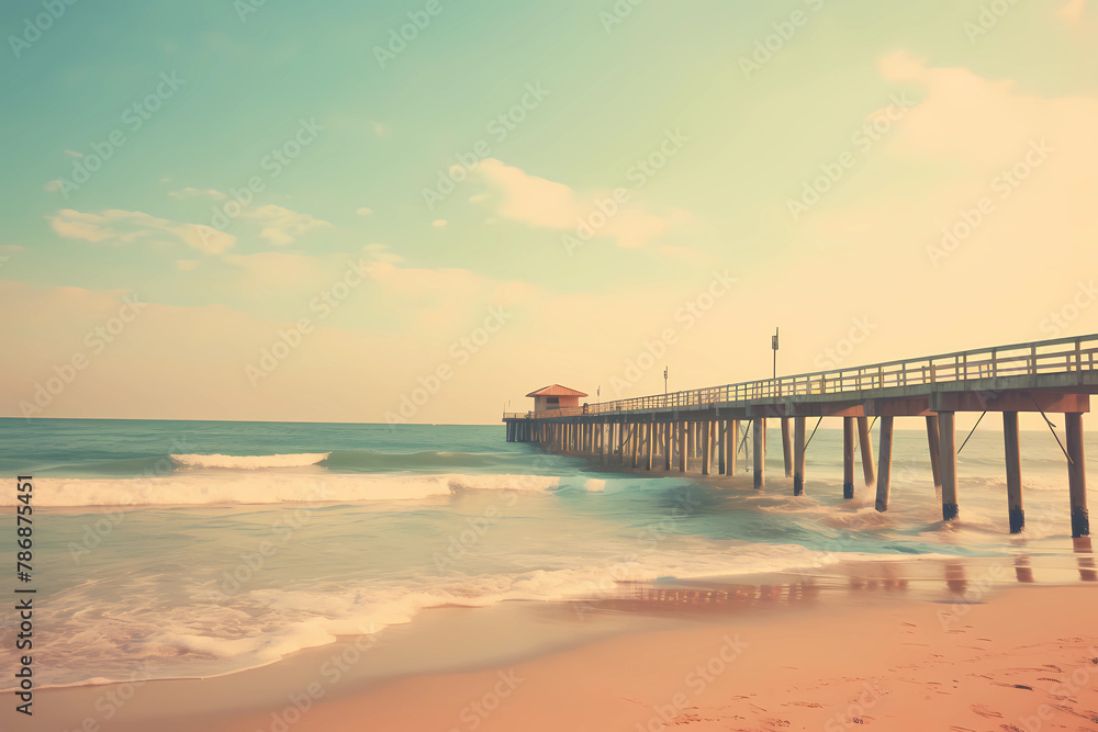 A vintage style photograph of the fishing pier at Del Letters Beach, California, with soft pastel colors and gentle waves in the background