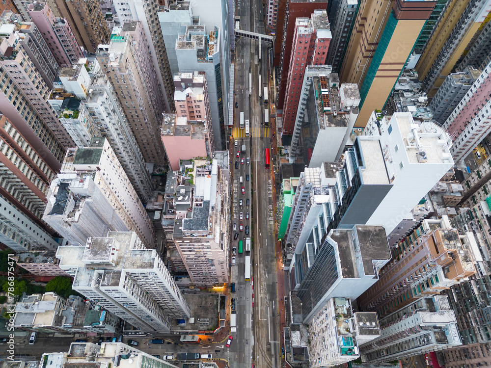 North Point, Hong Kong: Dramatic aerial view of the King's road in the very crowded North Point district in Hong Kong island