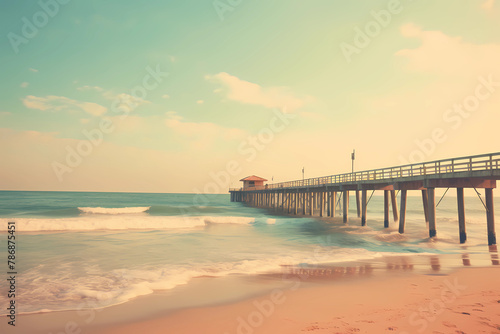 A vintage style photograph of the fishing pier at Del Letters Beach  California  with soft pastel colors and gentle waves in the background