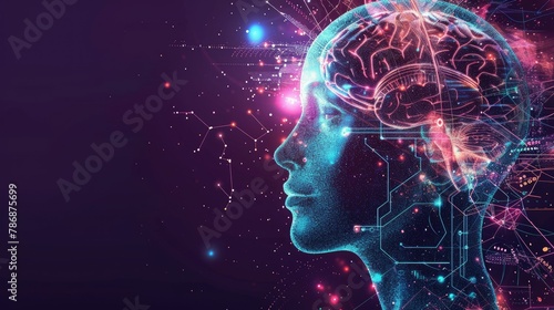 Create an imaginative depiction of an abstract head silhouette featuring an intricate circuitry brain, symbolizing the fusion of biological intelligence and artificial elements photo