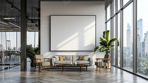A blank square photo frame on a corporate office wall with sleek, modern furnishings and glass partitions, architectural photo style