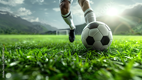 soccer player wit a soccer ball on grass