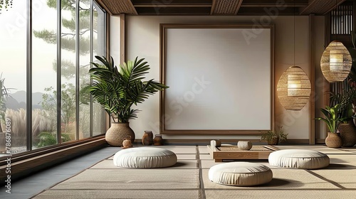 A blank square photo frame on a spa and wellness center wall, serene and tranquil design, captured architecturally photo