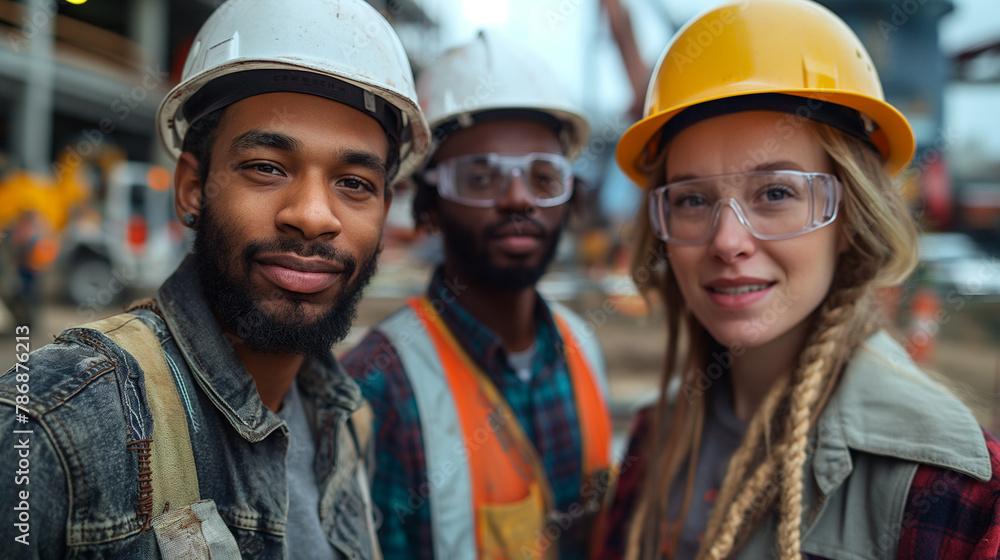 A group of three construction workers standing in front of an industrial construction site. A group of three construction workers standing in front of an industrial construction site.