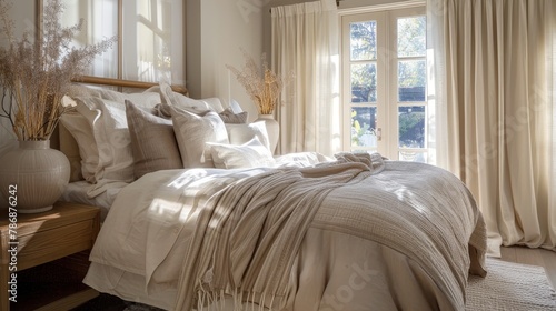 Serene sleeping space with natural fabric accents and a calming, neutral color scheme