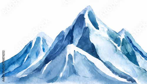 Blue snowy mountain peaks painted in watercolor on clean white background © Uuganbayar