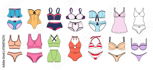 Set of women's underwear. Hand drawn colorful collection of women's lingerie isolated on white background. 