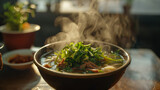 A steaming bowl of aromatic pho soup garnished with fresh herbs and slices of beef