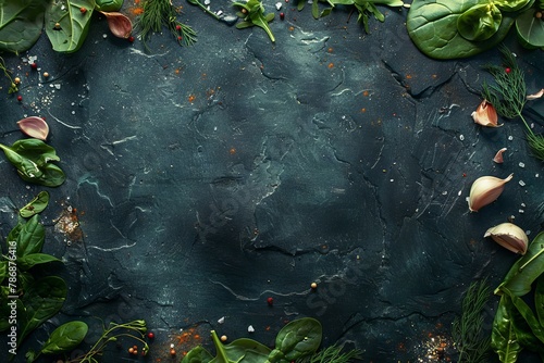 Dark Stone Background with Bulbs, Croutons, Garlic, Dill, Peppercorns, Spinach and Salt. Dark Slate Frame