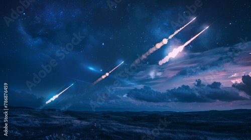 Missile defense system in action, intercepting incoming threats with precision under starlit darkness photo