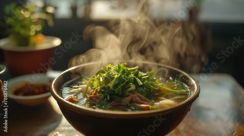 A steaming bowl of aromatic pho soup garnished with fresh herbs and slices of beef photo