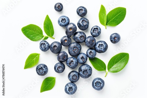 Fresh blueberries with bluberry leaves isolated on white background. Top vew. . photo on white isolated background photo