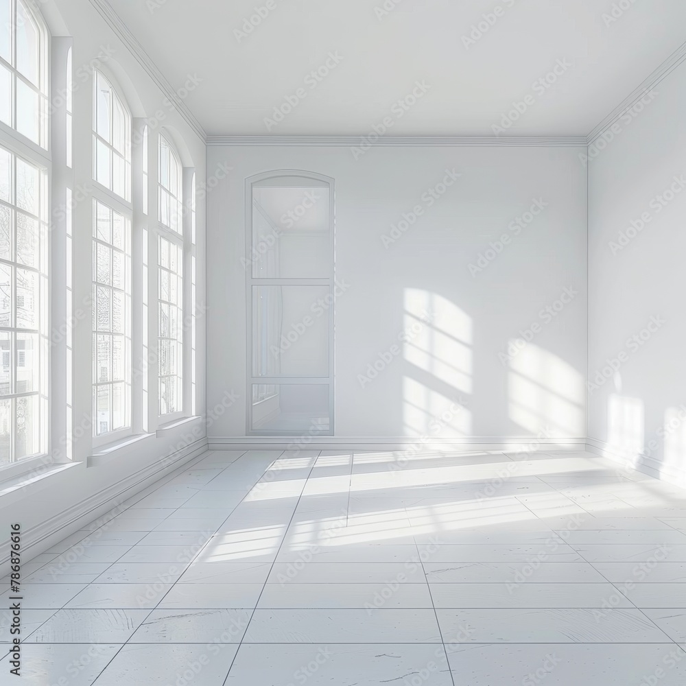 Fototapeta premium Empty White Room Background, Clean Blank Interior Mockup, Empty Space with Windows