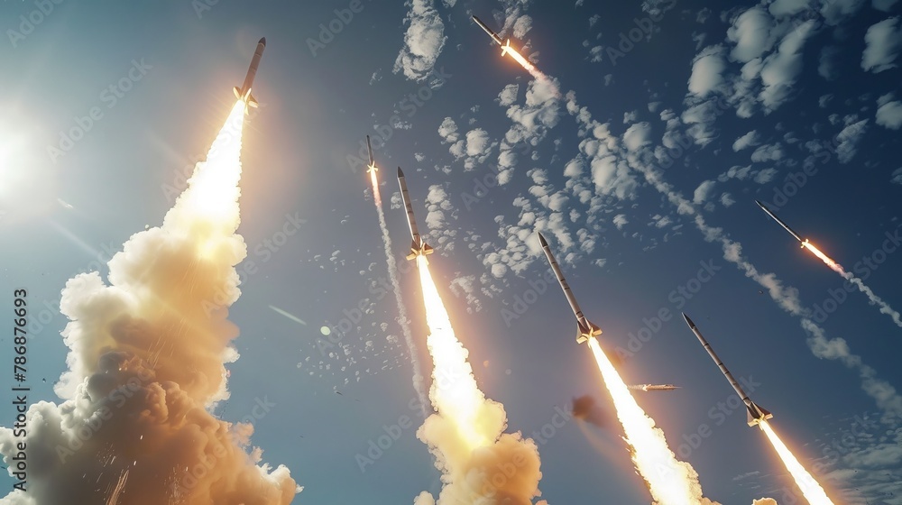 High-stakes moment as a salvo of rockets bursts from launchers, aimed at a stark blue sky
