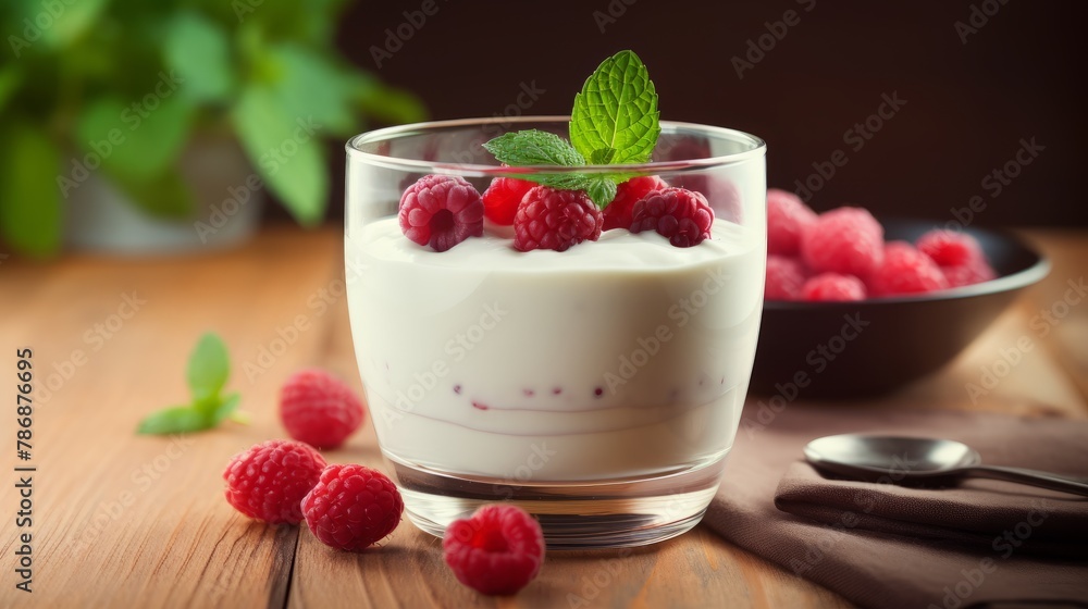 Close up of glass with white yogurt. Fresh drink and berries. Free space for text. Close up of glass with white yogurt. Fresh drink and berries. Free space for text.