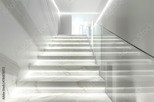 White marble stairs in modern interior. 3d render illustration mock up