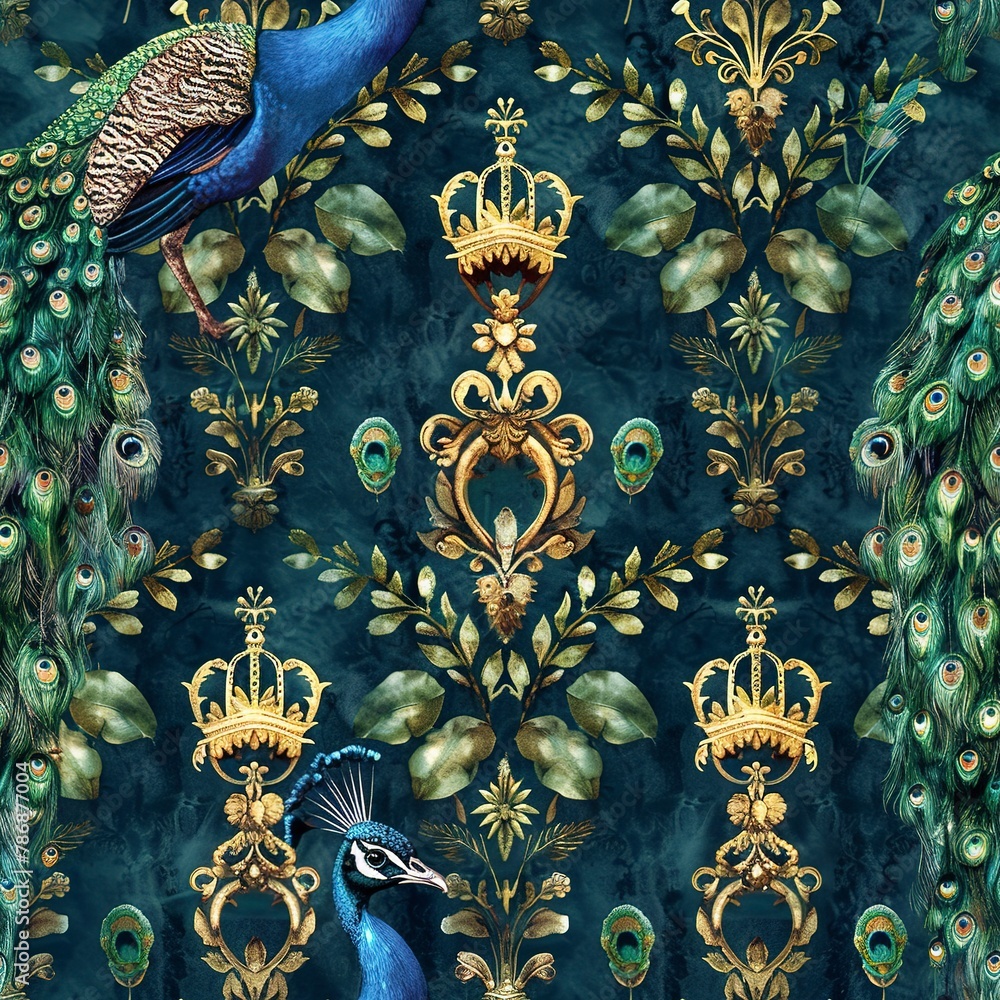 Peacocks with golden crowns, regal watercolor, seamless pattern, opulent golds and deep teals, royal elegance. Seamless Pattern, Fabric Pattern, Tumbler Wrap, Mug Wrap. Peacocks with golden crowns, regal watercolor, seamless pattern, opulent golds and deep teals, royal elegance. Seamless Pattern, Fabric Pattern, Tumbler Wrap, Mug Wrap.
