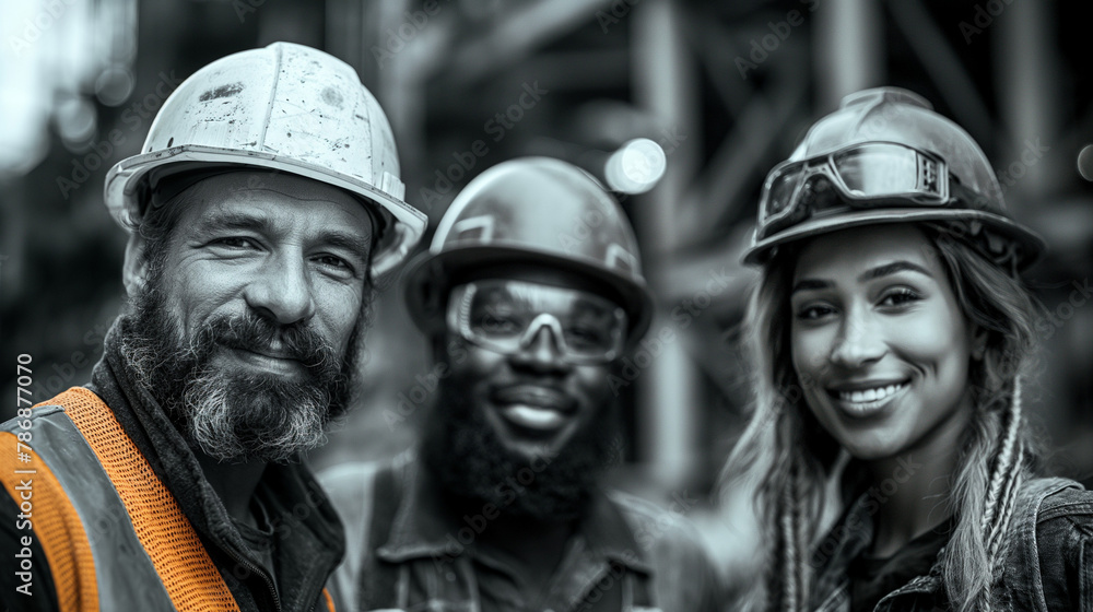 A group of three construction workers standing in front of an industrial construction site. A group of three construction workers standing in front of an industrial construction site.