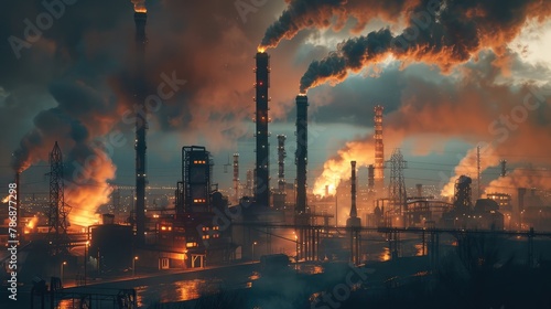 A sprawling industrial complex illuminated by the glow of molten metal and towering stacks emitting plumes of steam, a symphony of industry and technology driving the engine of progress.