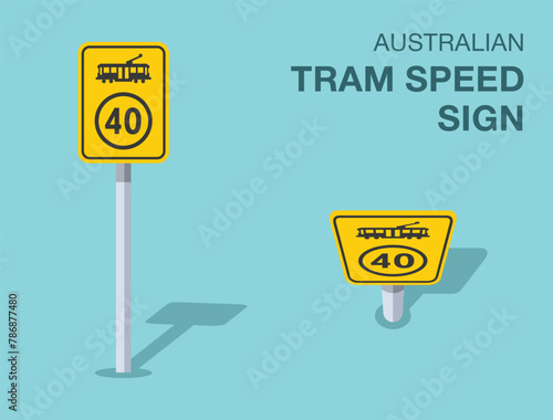 Traffic regulation rules. Isolated Australian "tram speed" road sign. Front and top view. Flat vector illustration template.