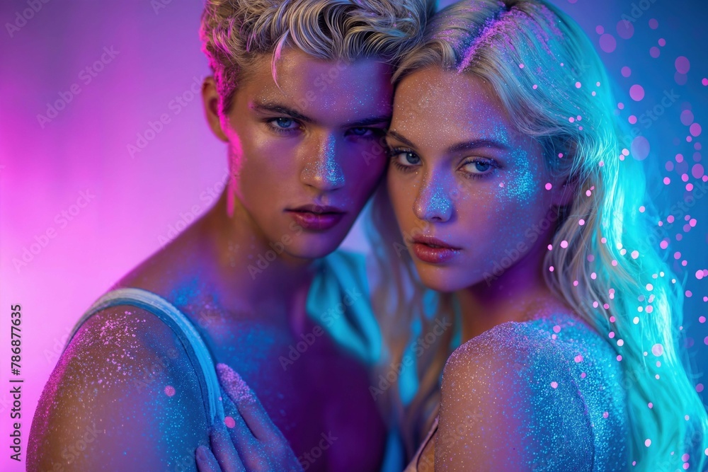 Prom king and queen. Young couple in love standing in a dimly lit room. Surrounded by vibrant purple and blue neon light, sprinkles, splashes, glitters and sparkles.