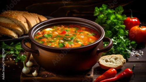 Vegetable soup from cabbage, carrot, potato in bowl over wooden background. Concept of healthy eating. Vegetable soup on wooden background