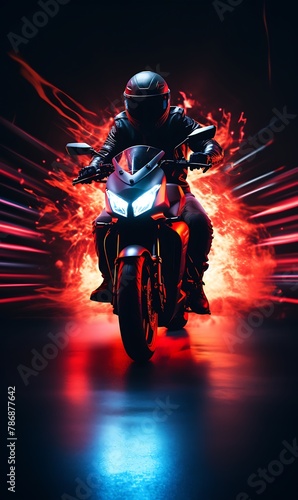 Motorcyclist riding on a motorcycle on a dark smoky neon lights background