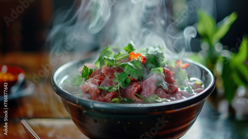 A steaming bowl of aromatic pho soup garnished with fresh herbs and slices of beef