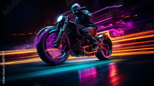 Motorcyclist riding on the road at night with neon lights © MahmudulHassan