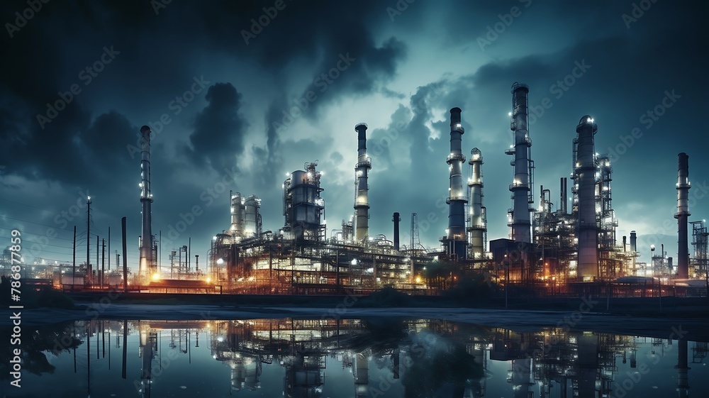 oil refinery field at night with blue sky and white clouds.