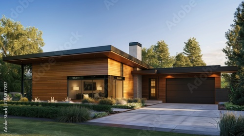 Design a 3D render showcasing a modern, isolated residence with distinctive wooden features and an attached garage © lara