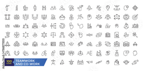 related team, teamwork, co-workers, cooperation. Linear busines simple symbol collection.