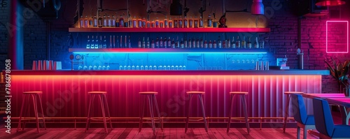 The bar counter in neon light. Modern bright bar, pub, retro neon lighting. Fashionable interior of the establishment, creative design
