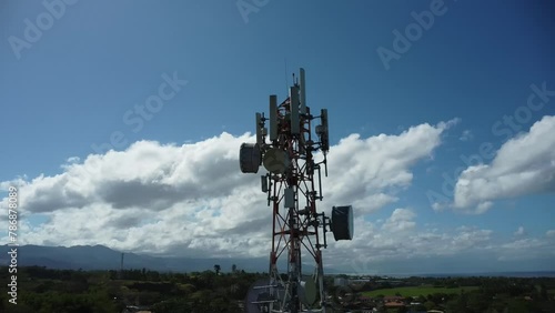 aerial view around of the telecommunication tower. Telecom tower antennas and satellite transmits the signals of cellular 5g 4g mobile signals	