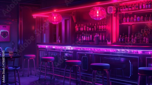 The bar counter in neon light. Modern bright bar, pub, retro neon lighting. Fashionable interior of the establishment, creative design © Katsyarina