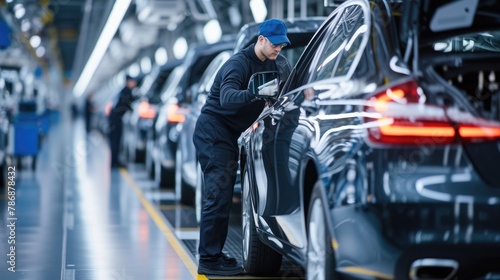 A man is busy working on a car in a factory, inspecting tires, wheels, and automotive lighting for the vehicle's assembly. AIG41