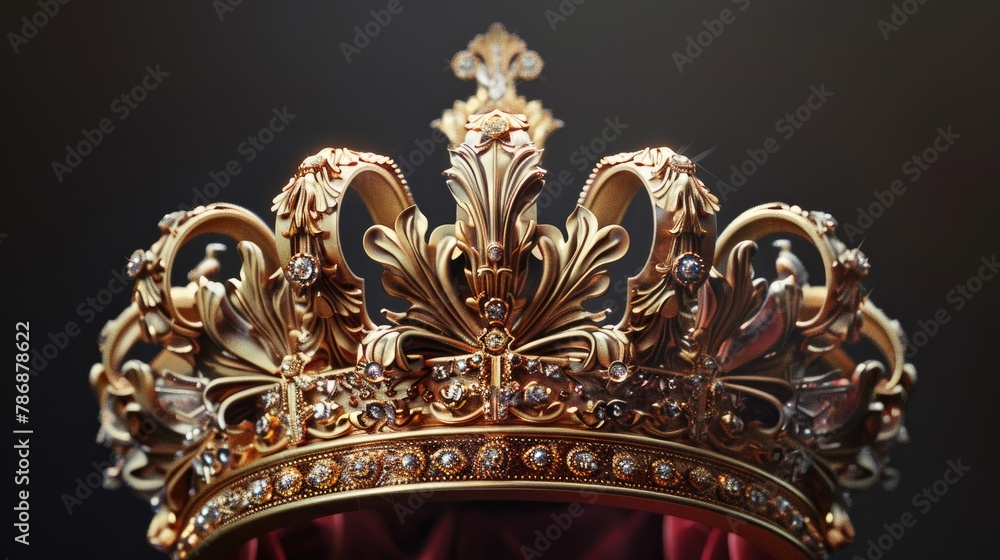 Design a detailed 3D render featuring a luxurious gold crown adorned with sparkling gemstones