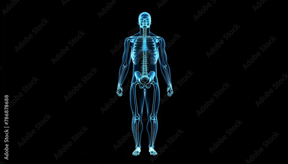 3D Radiological Human Skeleton with Frontal View in Blue Illumination 3D Radiological Human Skeleton with Frontal View in Blue Illumination