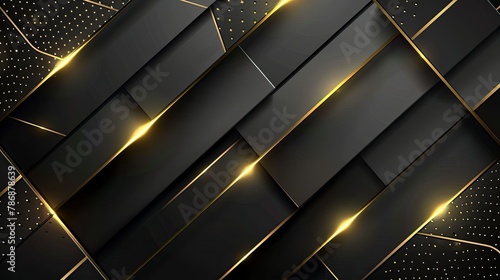 Design a dynamic abstract background by fusing black and gold with geometric elements