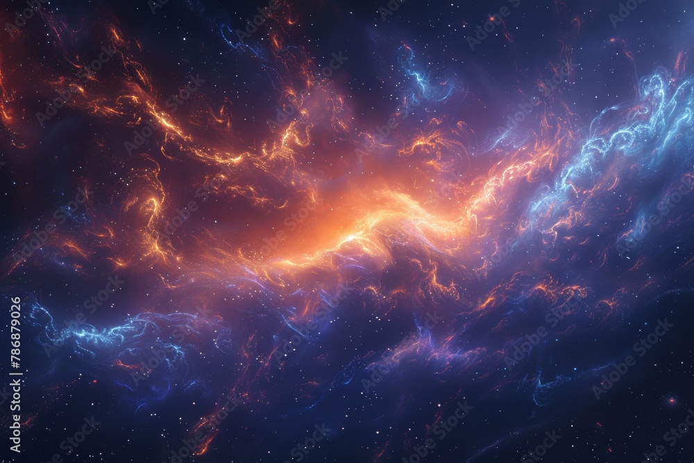 Obraz premium Stunning Cosmic Nebula Displaying Vivid Shades of Purple, Blue, and Fiery Orange in Deep Space