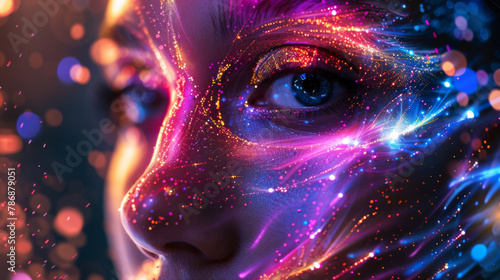 Person, closeup and neon face with paint or futuristic technology for party, New Years or rave. Cyberpunk, particles and abstract bokeh with glowing galaxy or connectivity art, creativity or night
