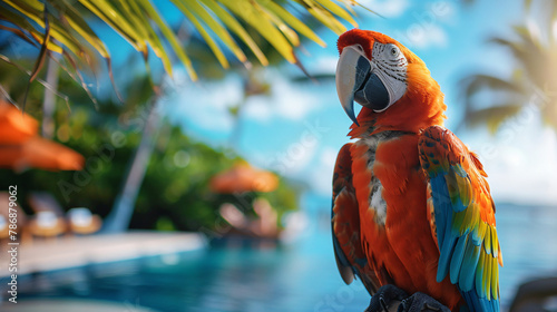 Parrot on a beach resort umbrella and pool