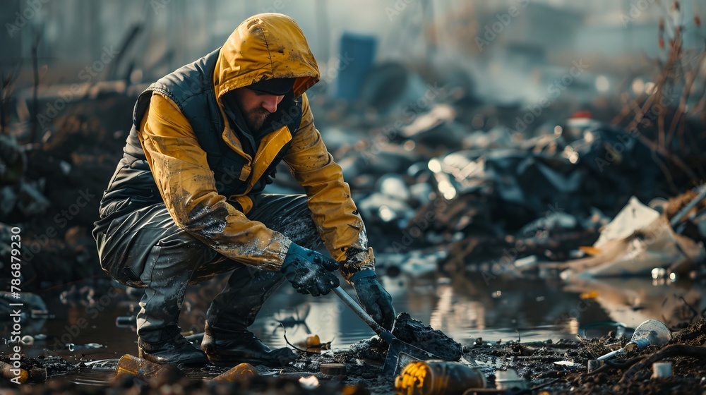 An environmental leader orchestrating a cleanup in a heavily polluted area, showing commitment to ecological health An environmental leader orchestrating a cleanup in a heavily polluted area, showing commitment to ecological health