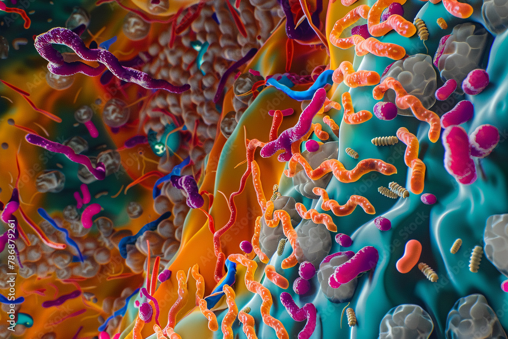 Show a colorful abstract representation of the microbiome in the human gut, super realistic