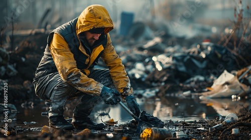 An environmental leader orchestrating a cleanup in a heavily polluted area, showing commitment to ecological health