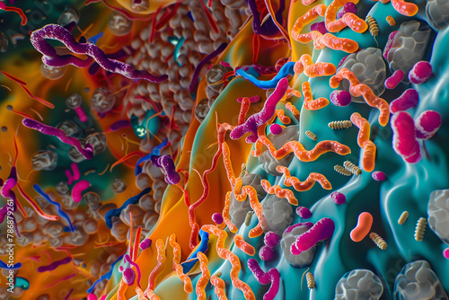 Show a colorful abstract representation of the microbiome in the human gut, super realistic