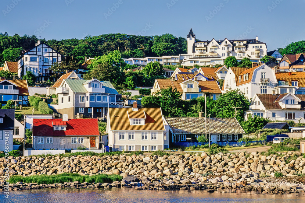Fototapeta premium Detached houses on a hill by the sea in Sweden